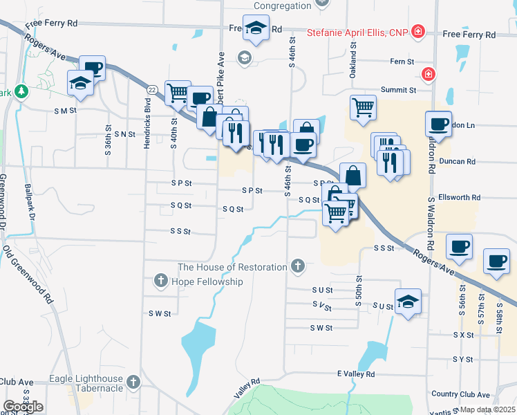 map of restaurants, bars, coffee shops, grocery stores, and more near 1725 South 44th Street in Fort Smith