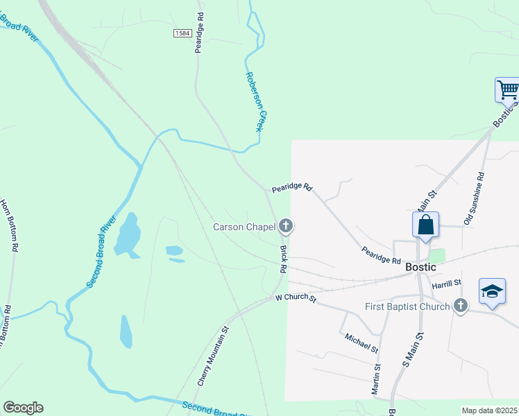 map of restaurants, bars, coffee shops, grocery stores, and more near 152 Blueberry Hill Road in Bostic