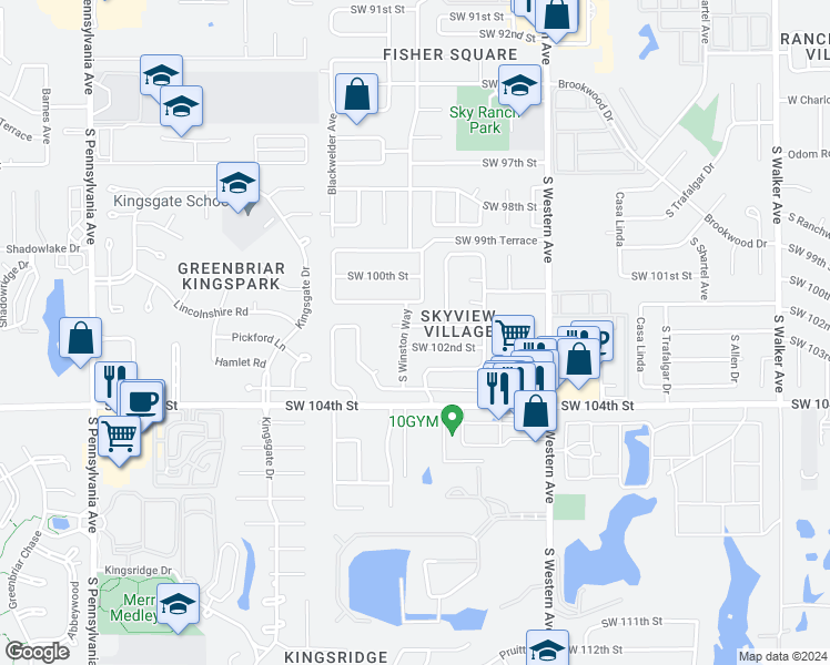 map of restaurants, bars, coffee shops, grocery stores, and more near 1120 Southwest 101st Street in Oklahoma City