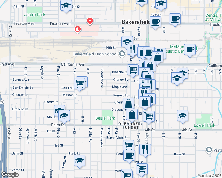 map of restaurants, bars, coffee shops, grocery stores, and more near 1909 Maple Avenue in Bakersfield
