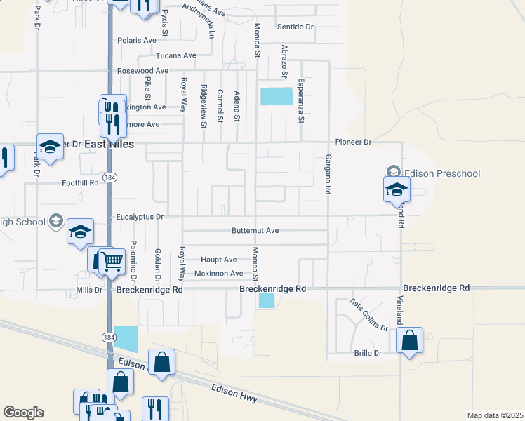 map of restaurants, bars, coffee shops, grocery stores, and more near 8900 Eucalyptus Drive in Bakersfield