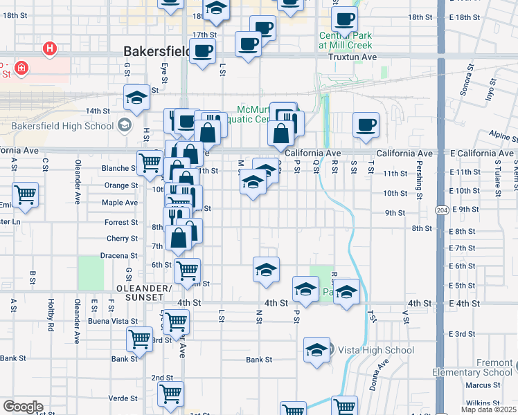 map of restaurants, bars, coffee shops, grocery stores, and more near 831 N Street in Bakersfield