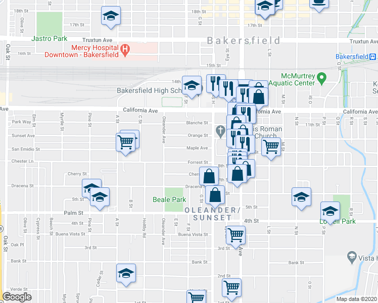map of restaurants, bars, coffee shops, grocery stores, and more near 1909 Maple Avenue in Bakersfield