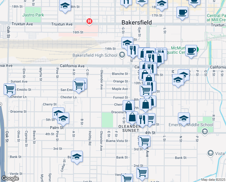 map of restaurants, bars, coffee shops, grocery stores, and more near 1909 Maple Avenue in Bakersfield