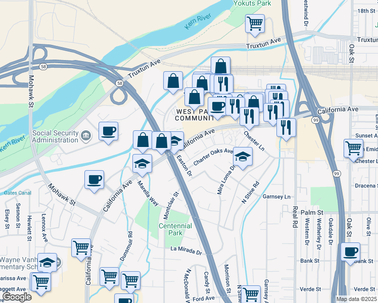 map of restaurants, bars, coffee shops, grocery stores, and more near 4451 California Avenue in Bakersfield