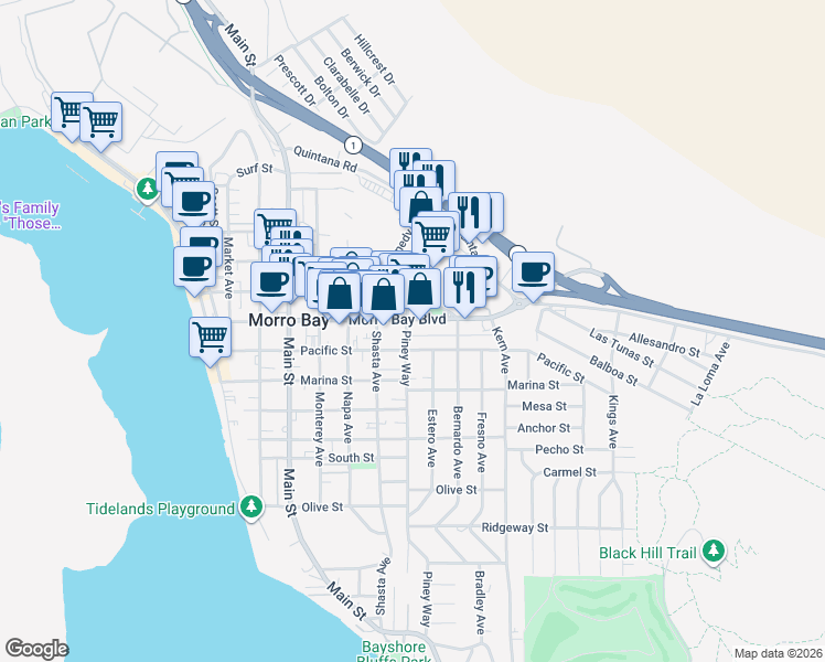 map of restaurants, bars, coffee shops, grocery stores, and more near 736 Morro Bay Boulevard in Morro Bay