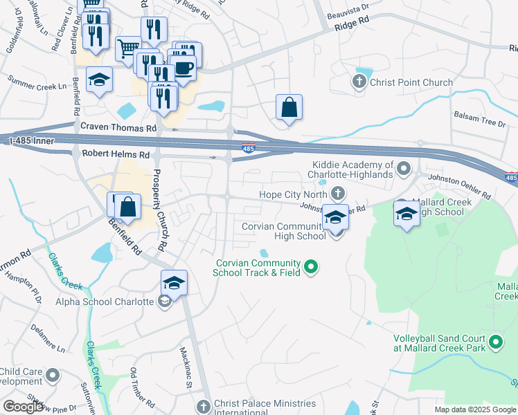 map of restaurants, bars, coffee shops, grocery stores, and more near 4421 Johnston Oehler Road in Charlotte