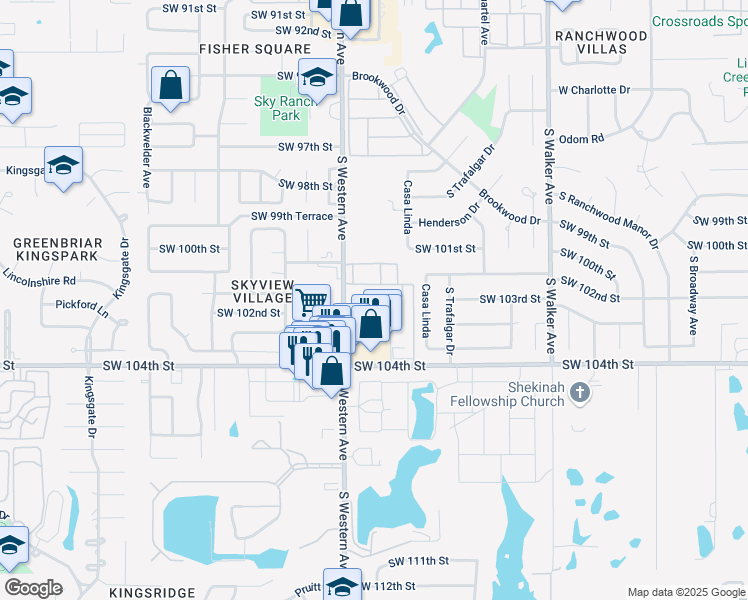 map of restaurants, bars, coffee shops, grocery stores, and more near 10224 South Western Avenue in Oklahoma City