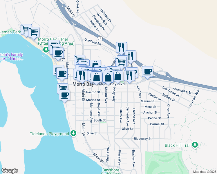 map of restaurants, bars, coffee shops, grocery stores, and more near 600 Morro Bay Boulevard in Morro Bay