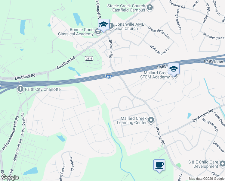 map of restaurants, bars, coffee shops, grocery stores, and more near 11143 Amber Glen Drive in Charlotte