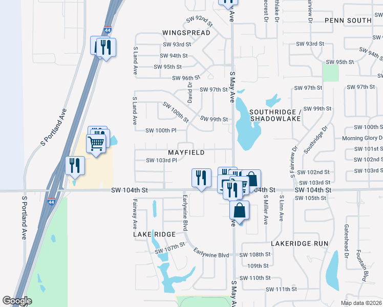 map of restaurants, bars, coffee shops, grocery stores, and more near 3032 Southwest 102nd Street in Oklahoma City