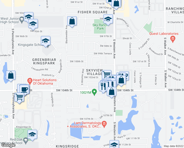 map of restaurants, bars, coffee shops, grocery stores, and more near 1024 Southwest 101st Street in Oklahoma City