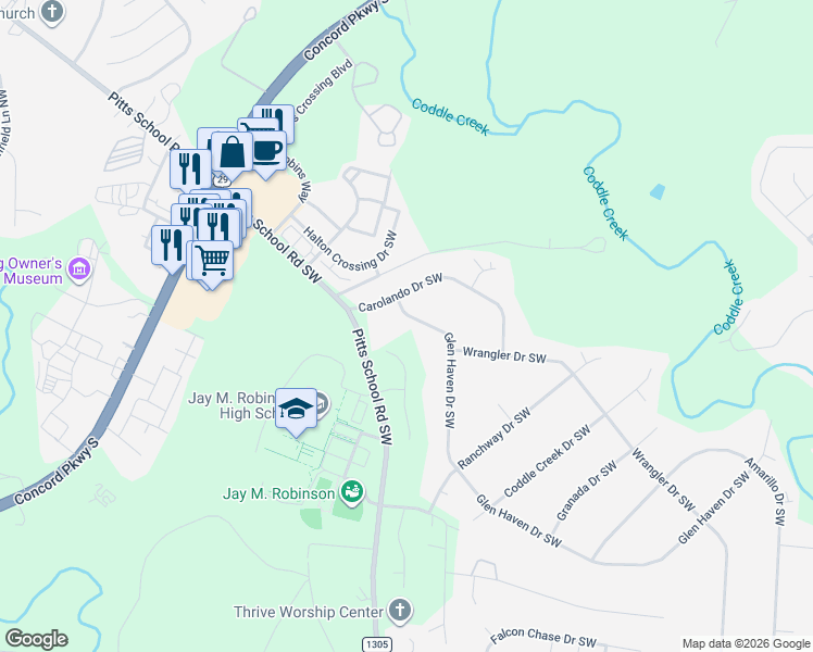 map of restaurants, bars, coffee shops, grocery stores, and more near 3512 Glen Haven Drive Southwest in Concord
