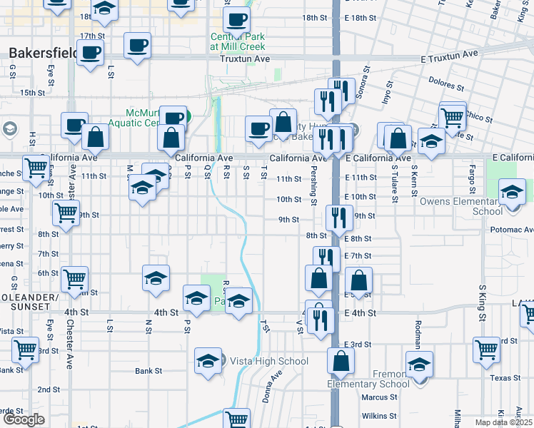 map of restaurants, bars, coffee shops, grocery stores, and more near 910 T St in Bakersfield