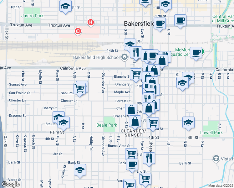 map of restaurants, bars, coffee shops, grocery stores, and more near 1909 Maple Avenue in Bakersfield