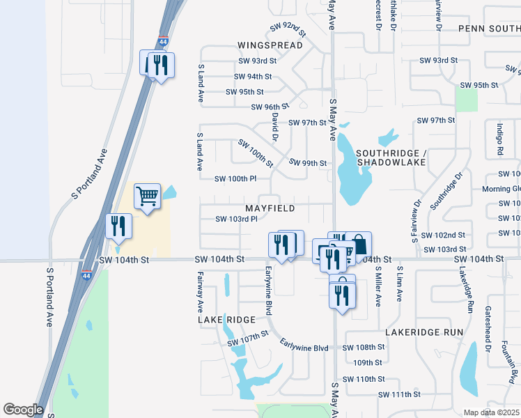 map of restaurants, bars, coffee shops, grocery stores, and more near 3100 Southwest 102nd Street in Oklahoma City
