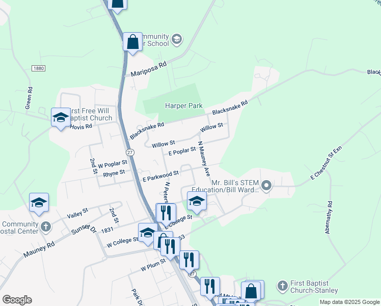 map of restaurants, bars, coffee shops, grocery stores, and more near 220 East Poplar Street in Stanley
