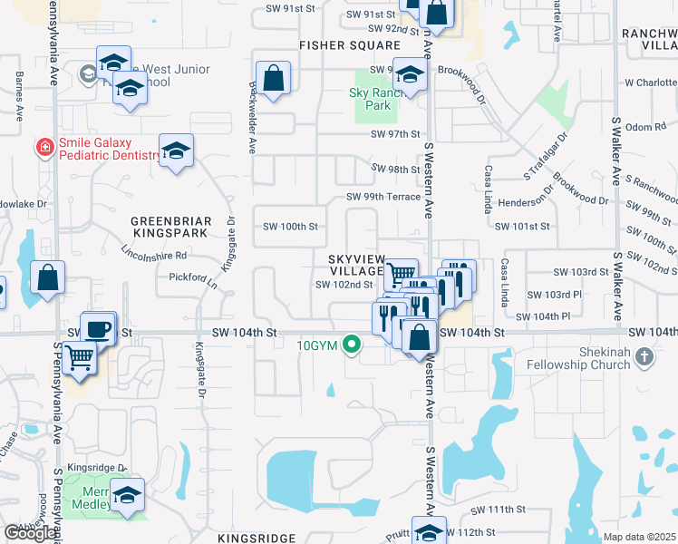 map of restaurants, bars, coffee shops, grocery stores, and more near 1104 Southwest 101st Street in Oklahoma City