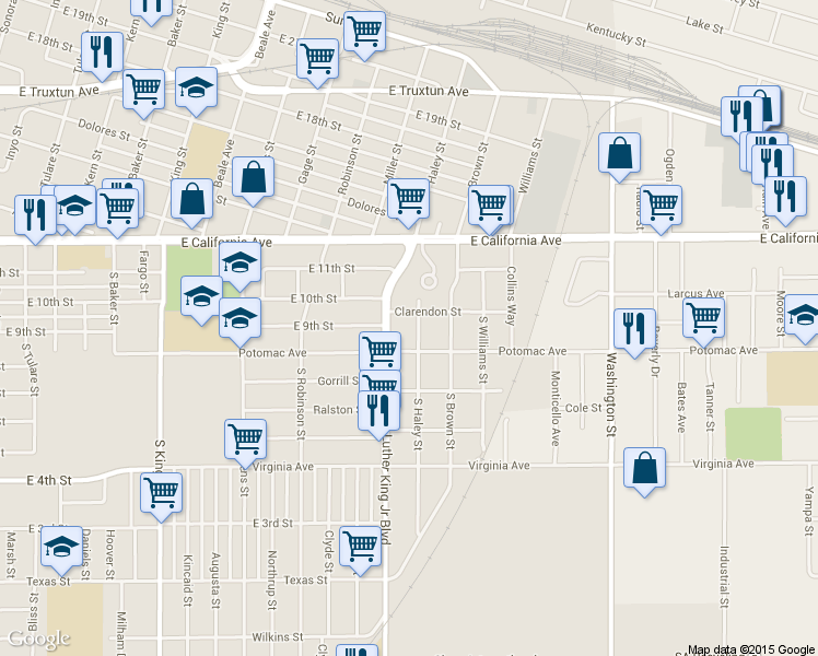 map of restaurants, bars, coffee shops, grocery stores, and more near 820 South Haley Street in Bakersfield