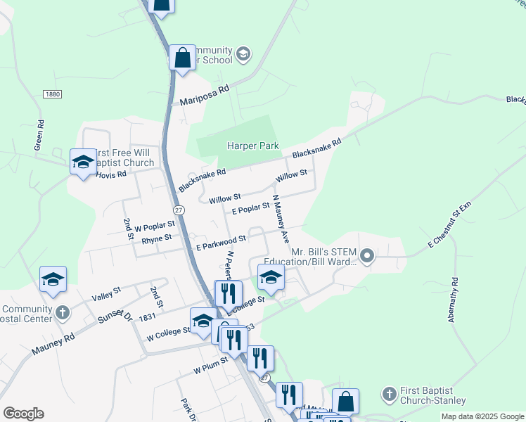 map of restaurants, bars, coffee shops, grocery stores, and more near 220 East Poplar Street in Stanley