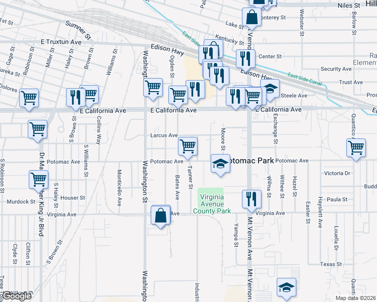 map of restaurants, bars, coffee shops, grocery stores, and more near 2029 Lucky Street in Bakersfield