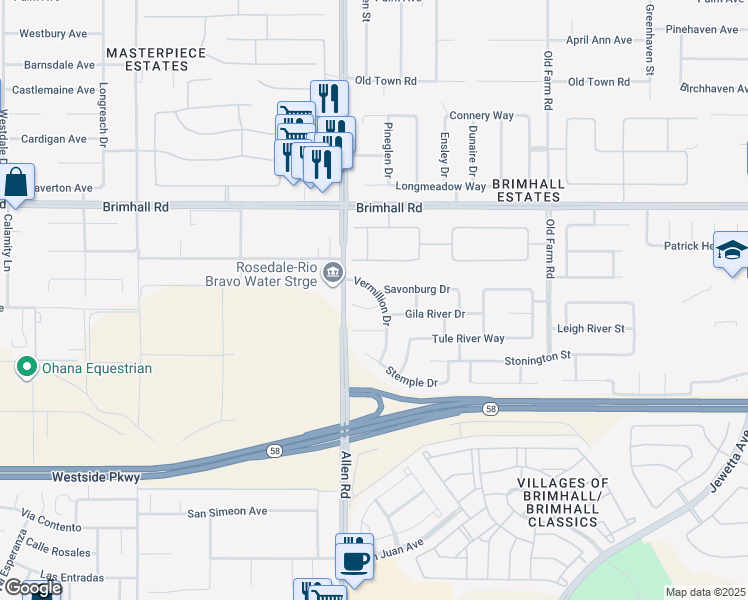 map of restaurants, bars, coffee shops, grocery stores, and more near 805 Vermillion Drive in Bakersfield