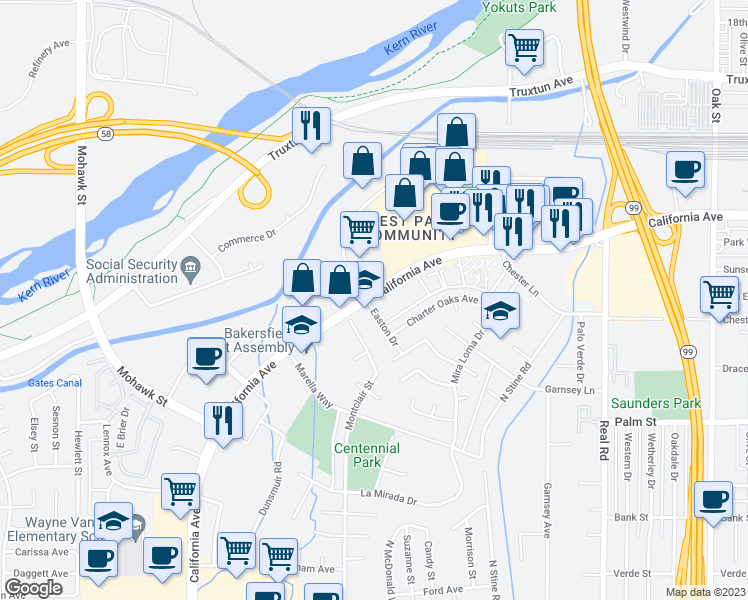 map of restaurants, bars, coffee shops, grocery stores, and more near 4591 California Avenue in Bakersfield