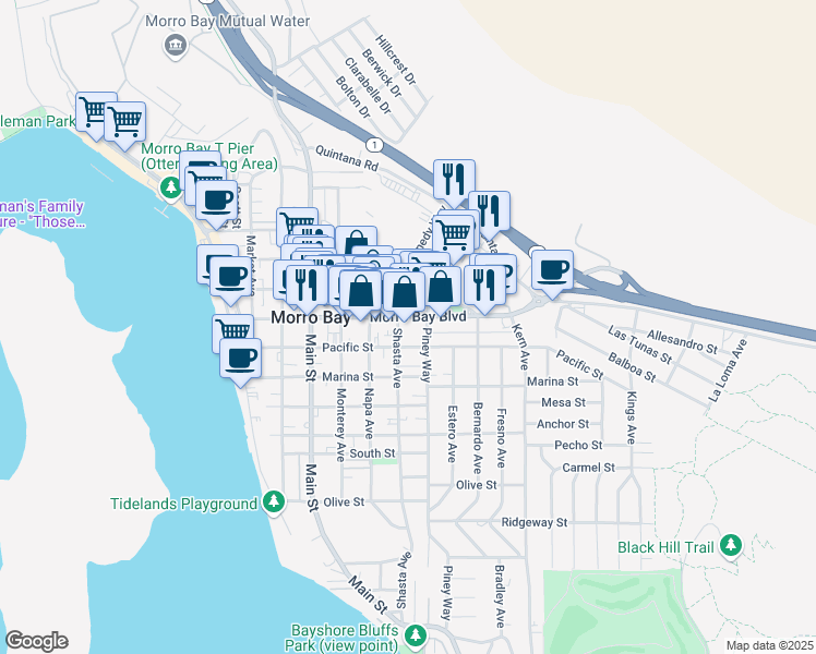 map of restaurants, bars, coffee shops, grocery stores, and more near 600 Morro Bay Boulevard in Morro Bay