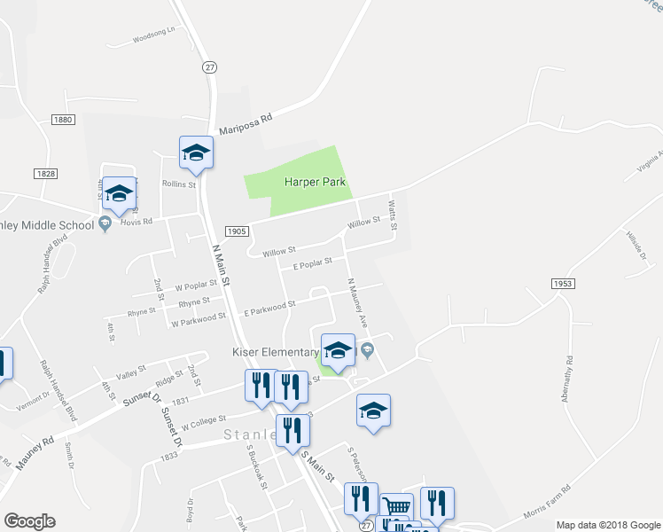 map of restaurants, bars, coffee shops, grocery stores, and more near 222 East Poplar Street in Stanley