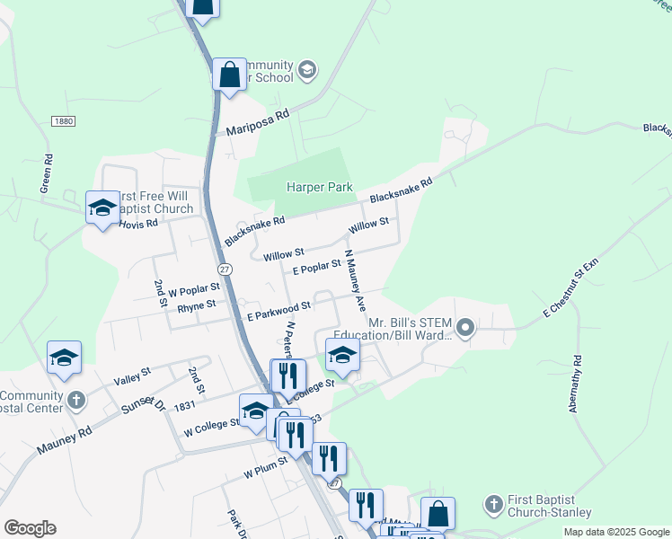 map of restaurants, bars, coffee shops, grocery stores, and more near 222 East Poplar Street in Stanley