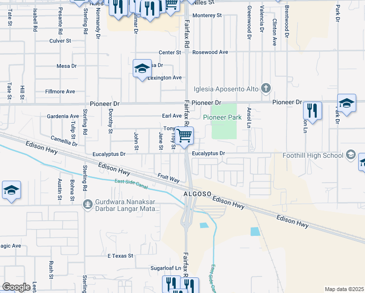 map of restaurants, bars, coffee shops, grocery stores, and more near 405 Fairfax Road in Bakersfield
