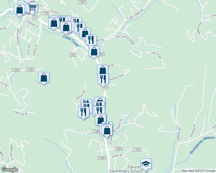 map of restaurants, bars, coffee shops, grocery stores, and more near 947 East Main Street in Sylva