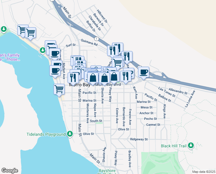 map of restaurants, bars, coffee shops, grocery stores, and more near 660 Morro Bay Boulevard in Morro Bay