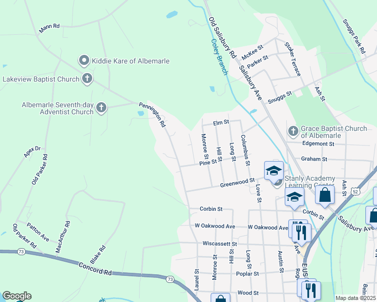map of restaurants, bars, coffee shops, grocery stores, and more near 1321 Reid Street in Albemarle