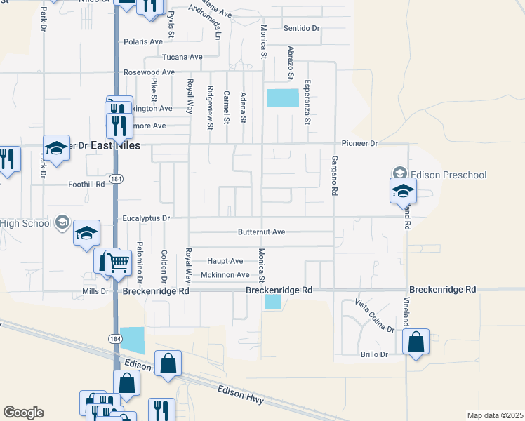 map of restaurants, bars, coffee shops, grocery stores, and more near 8900 Eucalyptus Drive in Bakersfield
