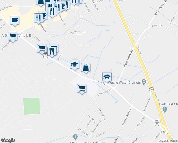 map of restaurants, bars, coffee shops, grocery stores, and more near 3417 East Ash Street in Goldsboro