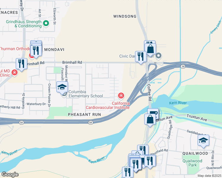 map of restaurants, bars, coffee shops, grocery stores, and more near 807 Jasmine Parke Drive in Bakersfield