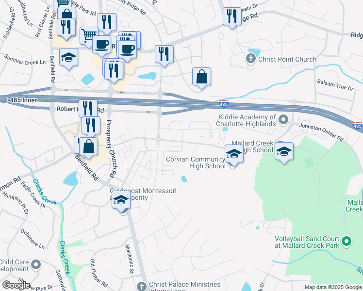 map of restaurants, bars, coffee shops, grocery stores, and more near 4421 Johnston Oehler Road in Charlotte