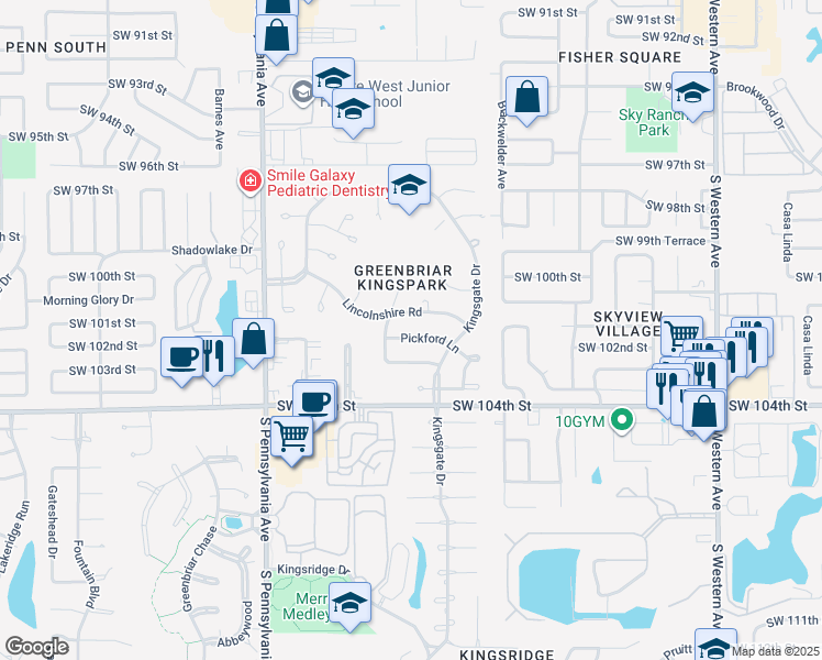 map of restaurants, bars, coffee shops, grocery stores, and more near 1419 Pickford Lane in Oklahoma City