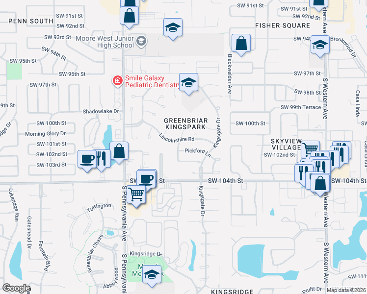 map of restaurants, bars, coffee shops, grocery stores, and more near 1419 Pickford Lane in Oklahoma City