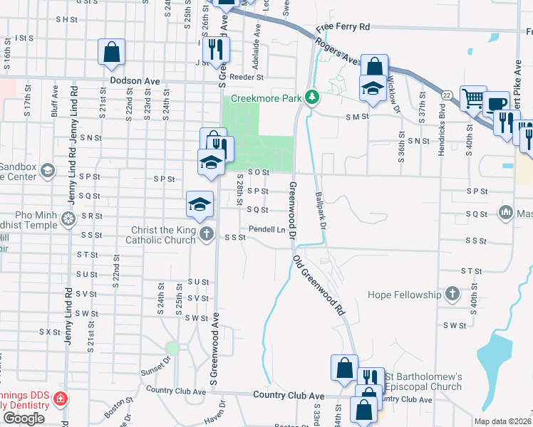 map of restaurants, bars, coffee shops, grocery stores, and more near 2908 South Q Street in Fort Smith