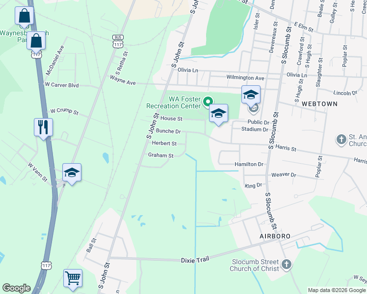 map of restaurants, bars, coffee shops, grocery stores, and more near 223 Graham Street in Goldsboro