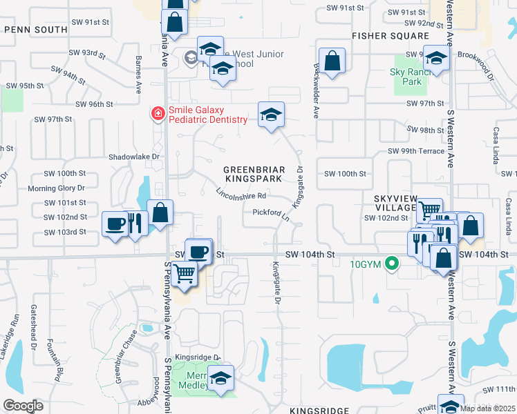 map of restaurants, bars, coffee shops, grocery stores, and more near 1419 Pickford Lane in Oklahoma City