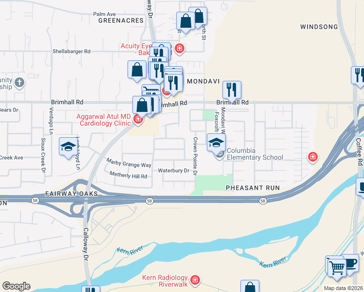 map of restaurants, bars, coffee shops, grocery stores, and more near 9502 Ravenwood Drive in Bakersfield