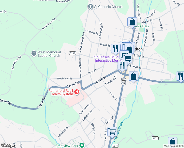map of restaurants, bars, coffee shops, grocery stores, and more near 167 Pine Street in Rutherfordton