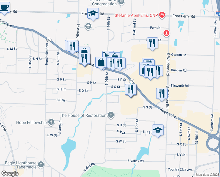 map of restaurants, bars, coffee shops, grocery stores, and more near 4604 South Q Street in Fort Smith
