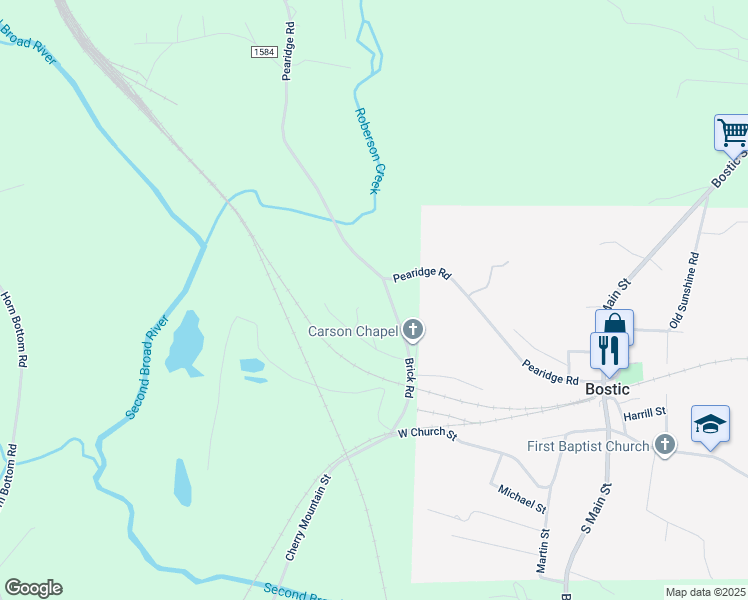 map of restaurants, bars, coffee shops, grocery stores, and more near 152 Blueberry Hill Road in Bostic