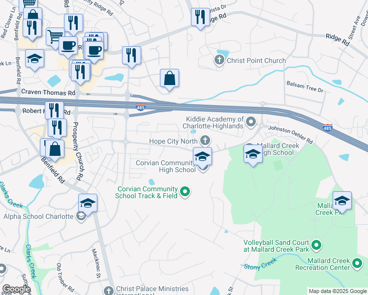 map of restaurants, bars, coffee shops, grocery stores, and more near 4124 Johnston Oehler Road in Charlotte