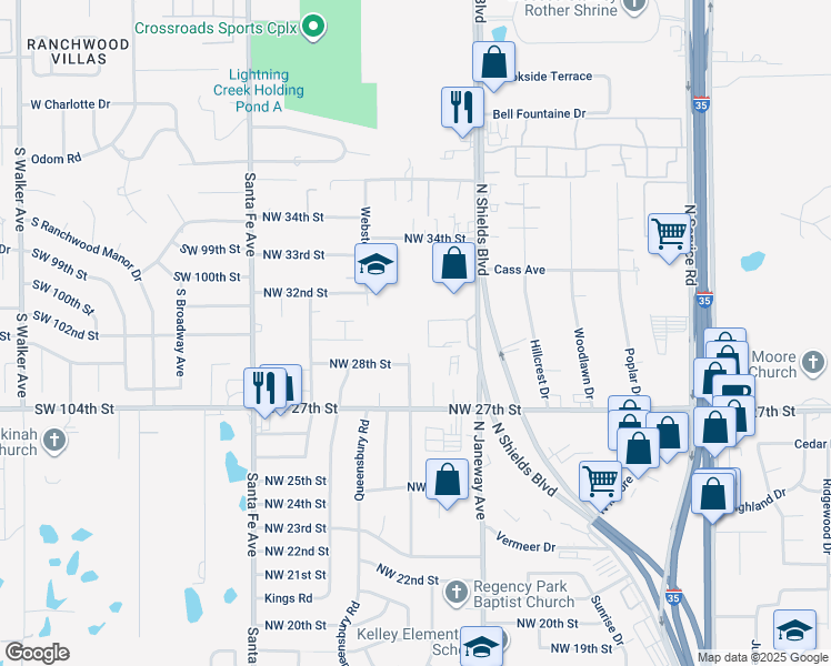 map of restaurants, bars, coffee shops, grocery stores, and more near 10003 North Shields Boulevard in Moore