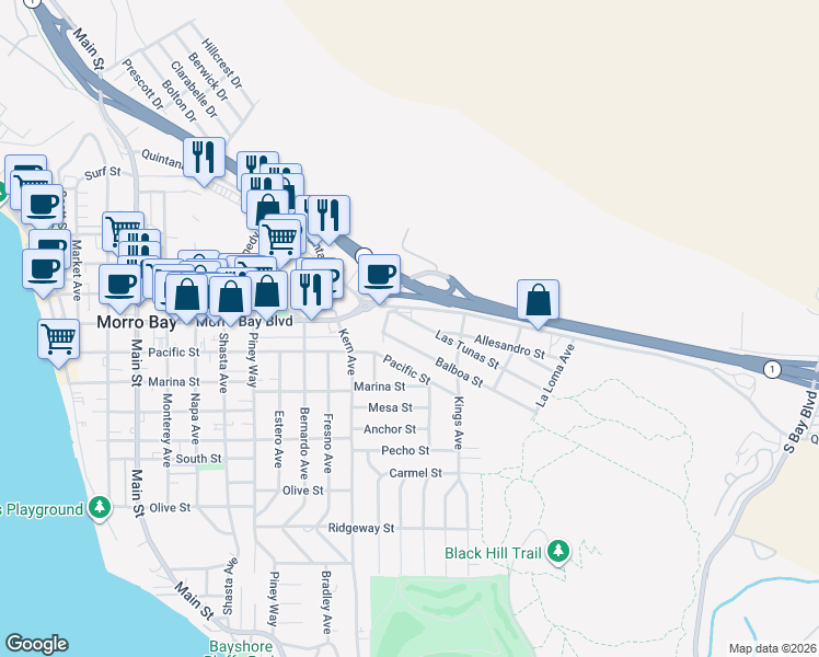 map of restaurants, bars, coffee shops, grocery stores, and more near 970 Las Tunas Street in Morro Bay